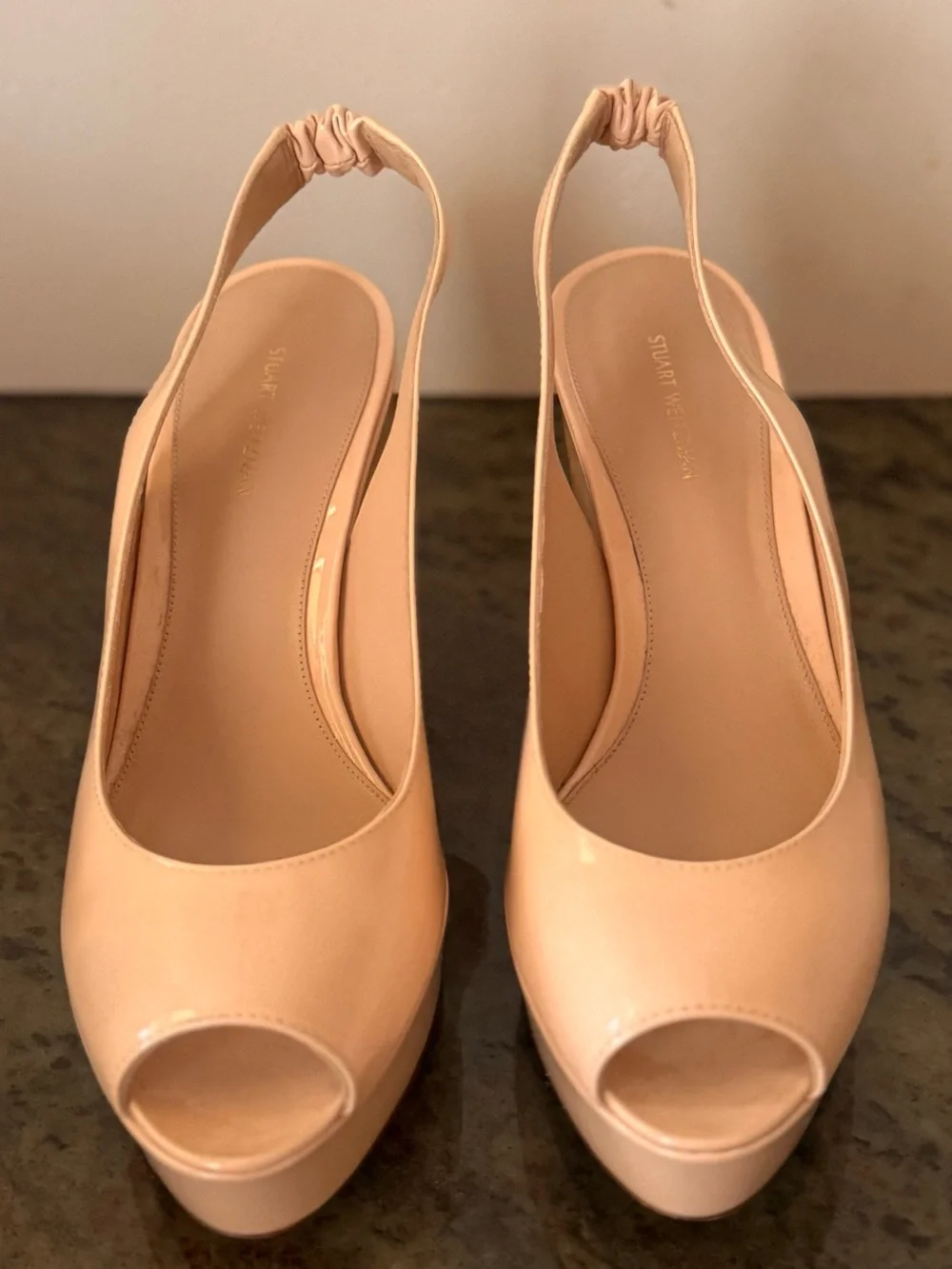 Stuart Weitzman Patent Peep-Toe Slingback Wedge Heels Made in Spain size 10